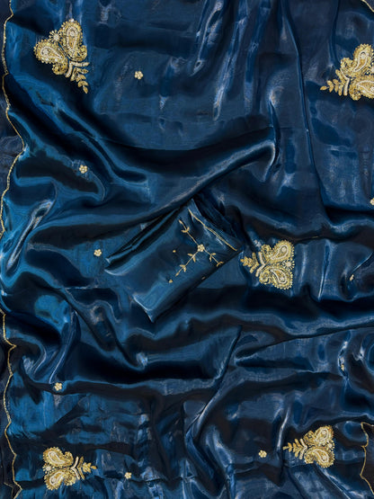 Blue Shimmery Tissue Silk Saree with handwork