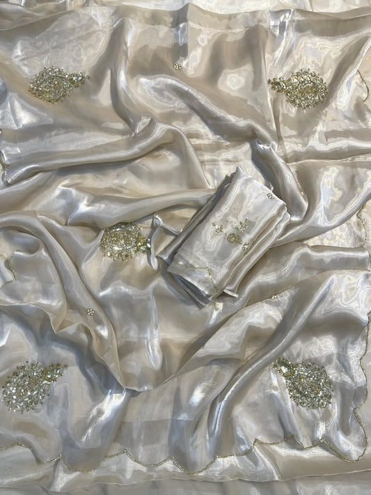 Ivory Shimmery Tissue Handwork Saree