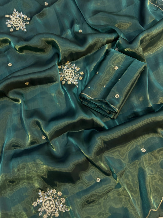 Bottle Green Shimmery Tissue Handwork Saree