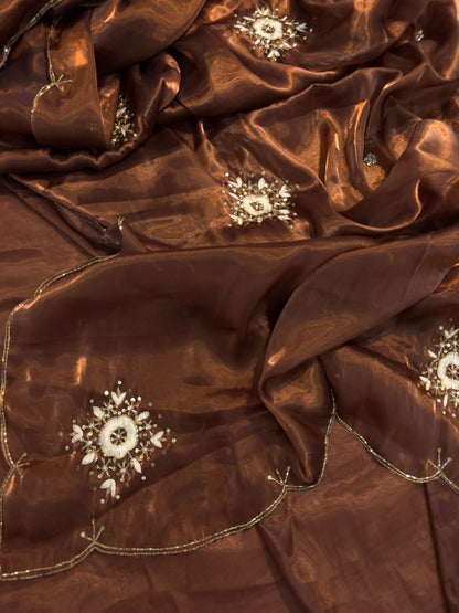 Chocolate Brown Satin Shimmery Tissue Silk Saree with Real Handwork