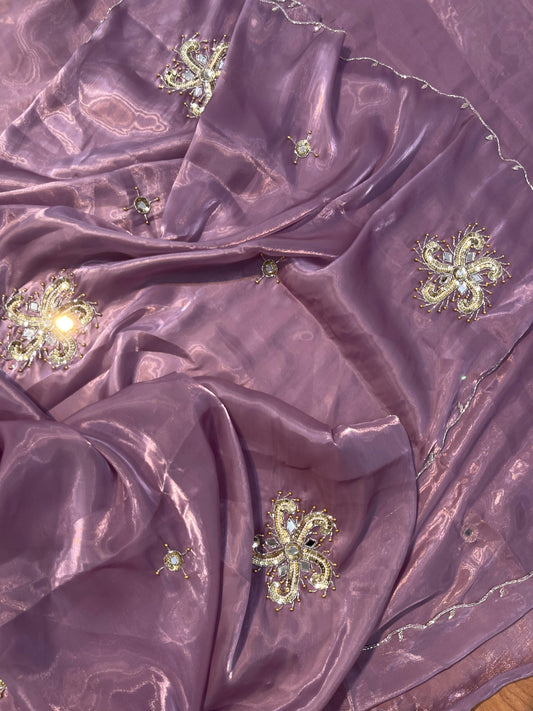 Subtle Lavender Satin Shimmery Tissue Silk Saree with Real Handwork