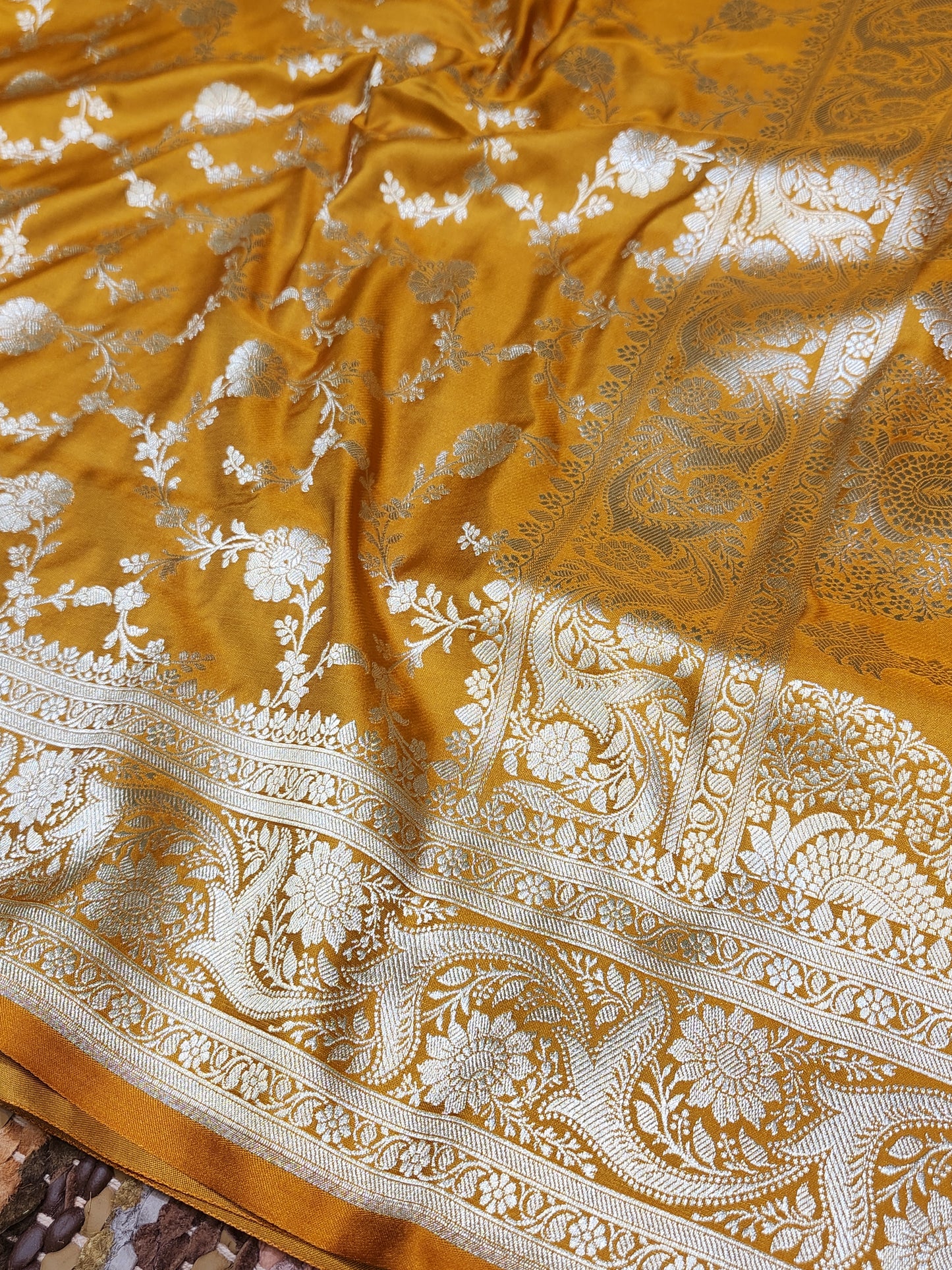 Mustord Mashru Silk Banarasi Saree With Jaal Pattern