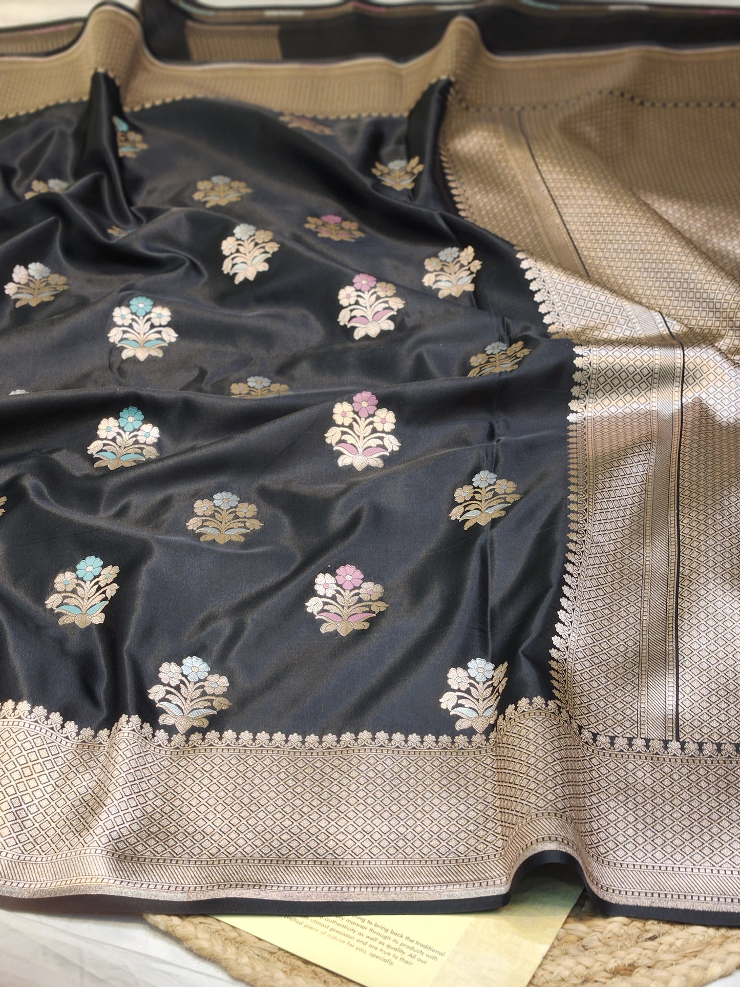 Jet Black Mashru Silk Banarasi Saree With Meena bootas