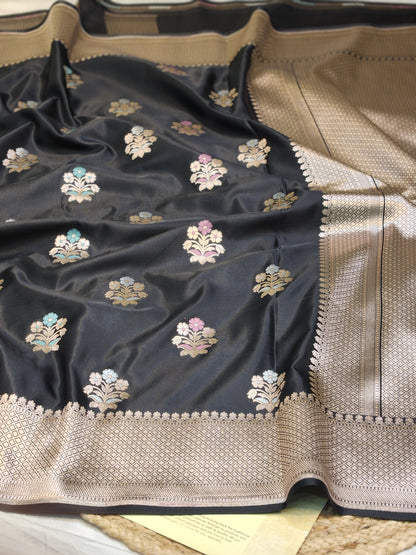 Jet Black Mashru Silk Banarasi Saree With Meena bootas