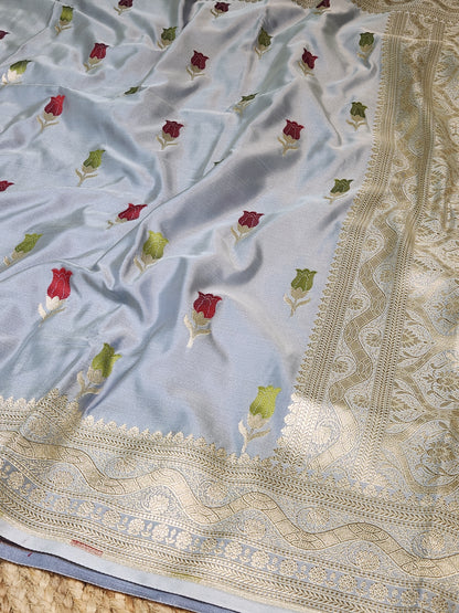 Grey banarasi Mashru Silk Banarasi Saree With Meena bootas