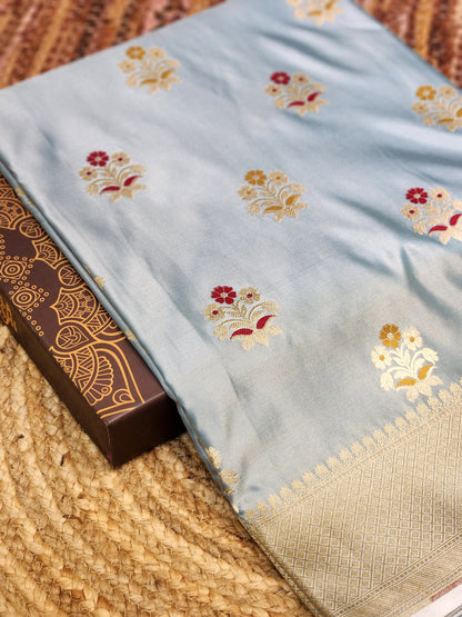 Dark Grey Banarasi Mashru Silk Banarasi Saree With Meena bootas