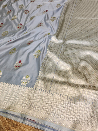 Grey banarasi Mashru Silk Banarasi Saree With Meena bootas