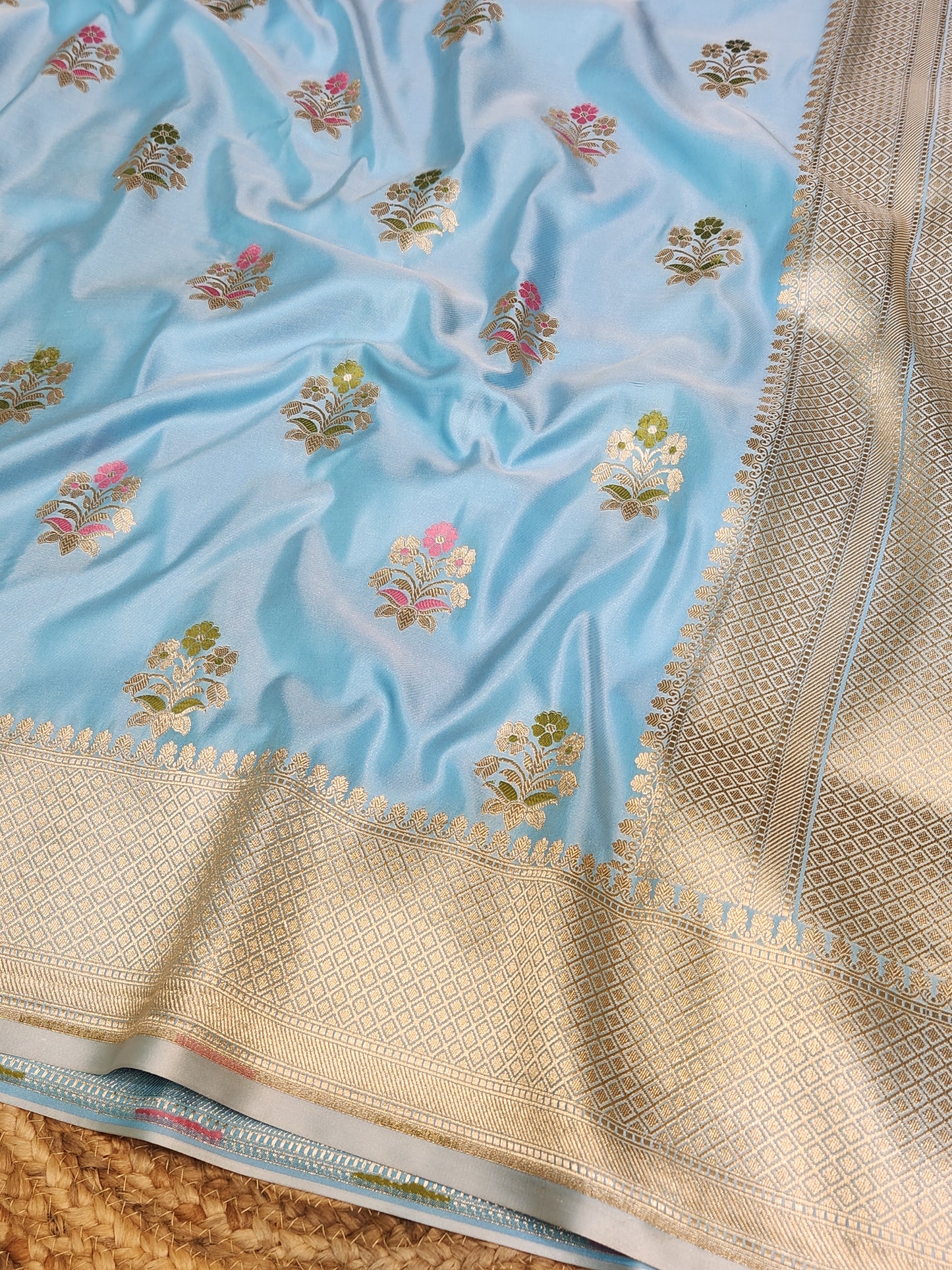 Powder Blue Mashru Silk Banarasi Saree With Meena bootas