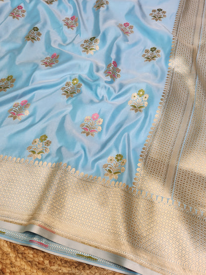 Powder Blue Mashru Silk Banarasi Saree With Meena bootas