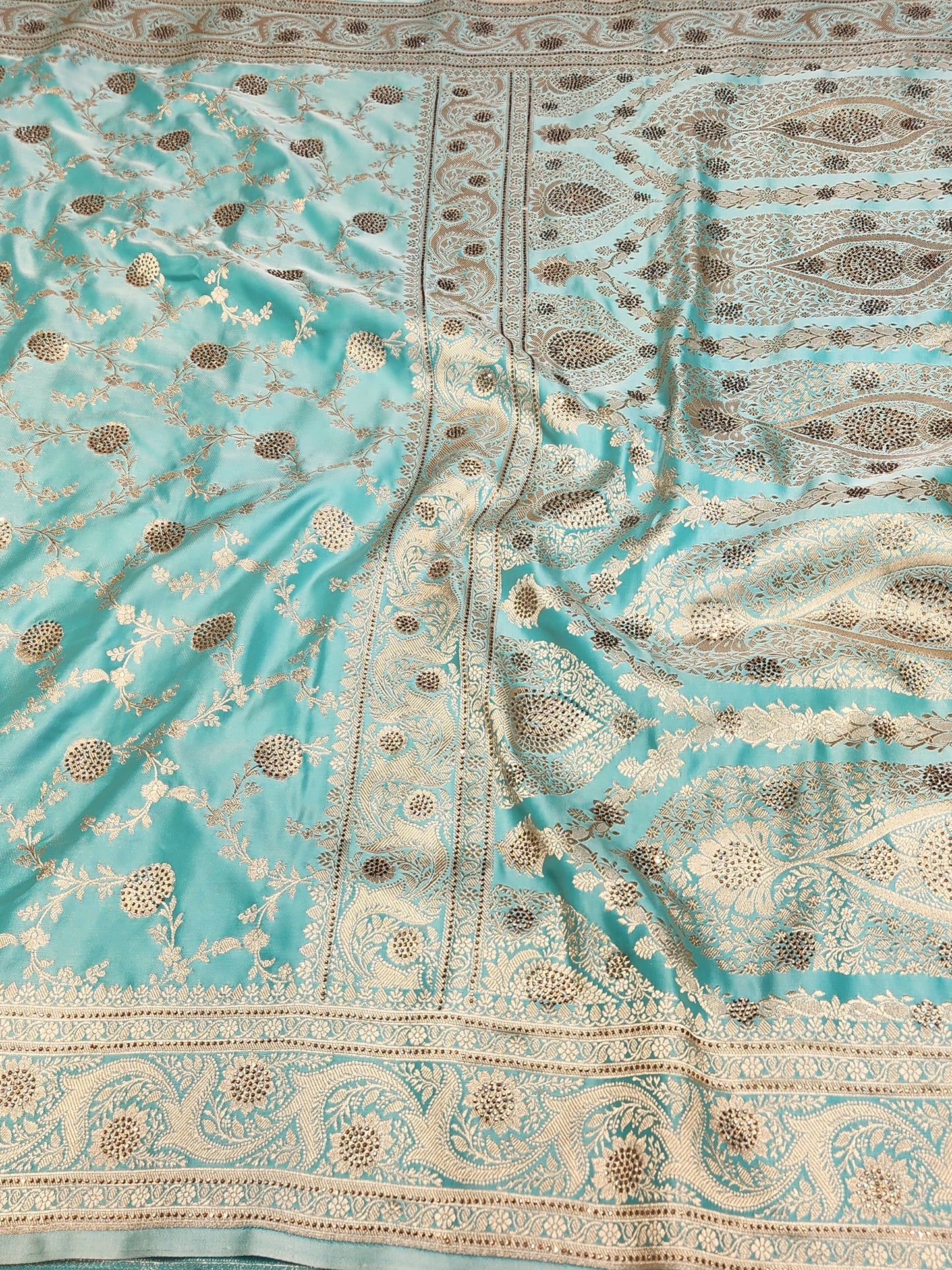 Sea Green Mashru Silk Banarasi Saree With Siroski stone work