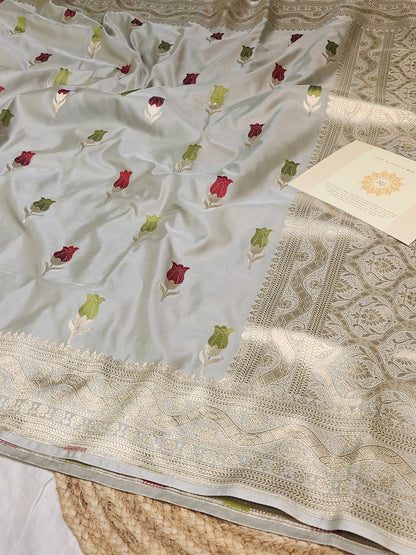 Ash Grey Banarasi Mashru Silk Banarasi Saree With Meena bootas