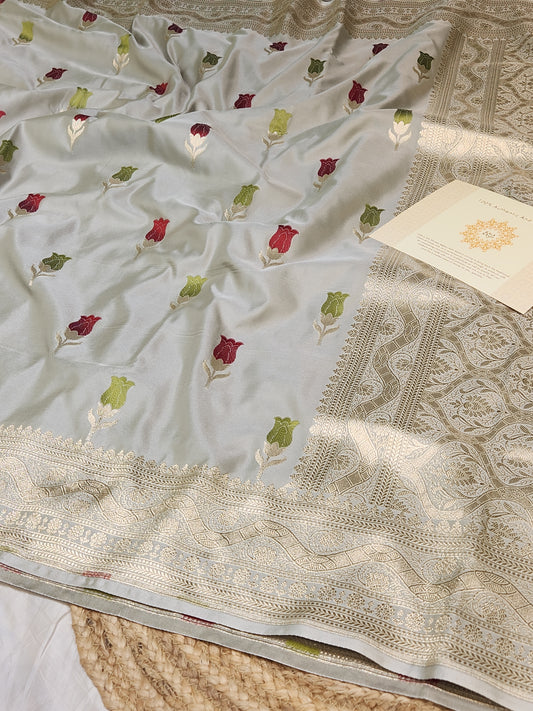 Ash Grey Banarasi Mashru Silk Banarasi Saree With Meena bootas