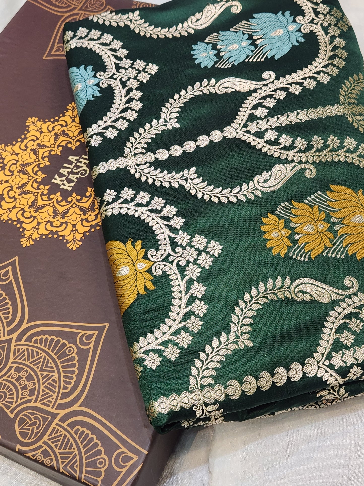 Bottle Green Mashru Silk Banarasi Saree With Meena bootas