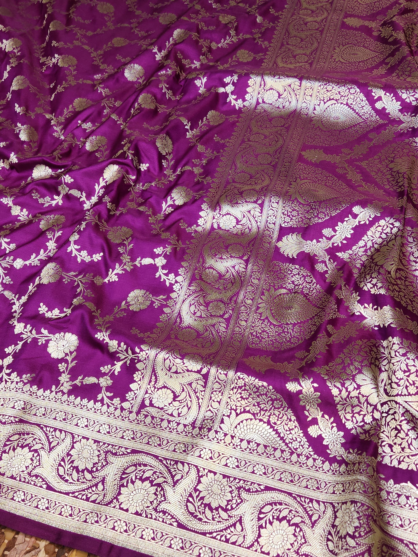 Purple Mashru Silk Banarasi Saree Mughal Jaal Pattern