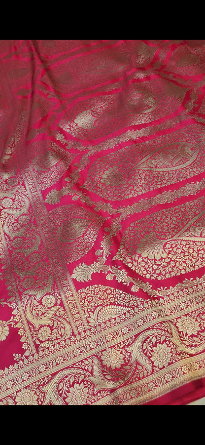 Hot Pink Mashru Silk Banarasi Saree Jaal Pattern