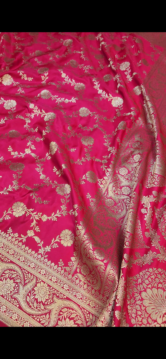 Hot Pink Mashru Silk Banarasi Saree Jaal Pattern