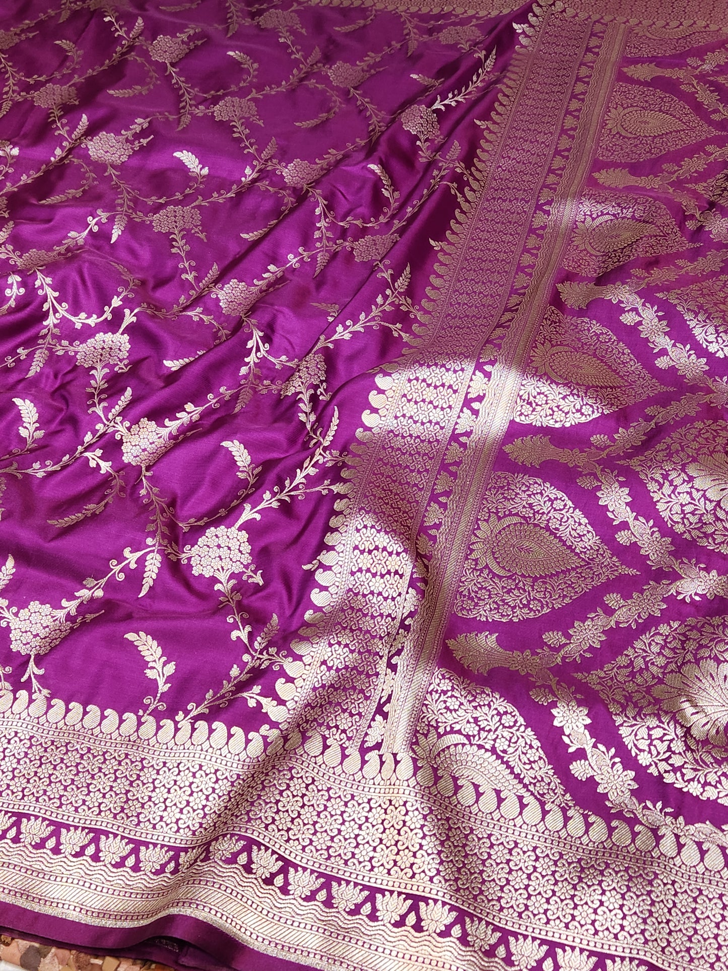 Purple Mashru Silk Banarasi Saree Mughal Jaal Pattern