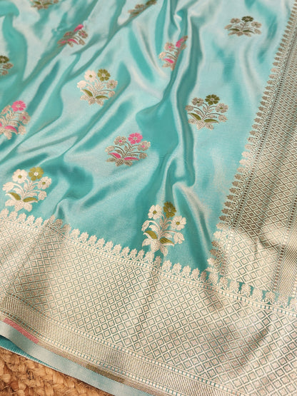 Sea Green Mashru Silk Banarasi Saree With Meena bootas