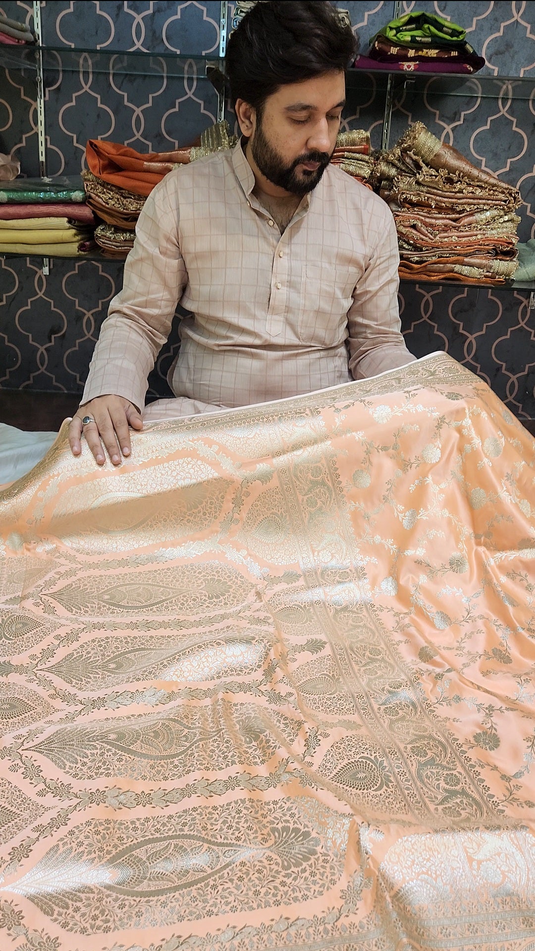 Peach Mashru Silk Banarasi Saree Jaal Pattern