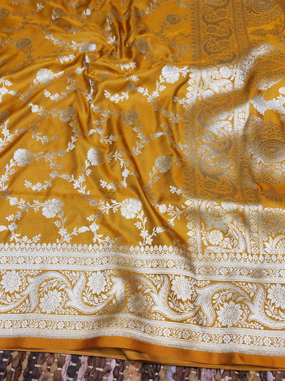 Mustord Mashru Silk Banarasi Saree With Jaal Pattern