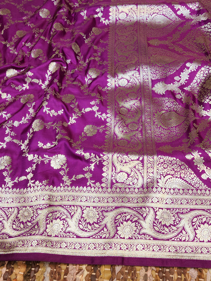 Purple Mashru Silk Banarasi Saree Mughal Jaal Pattern