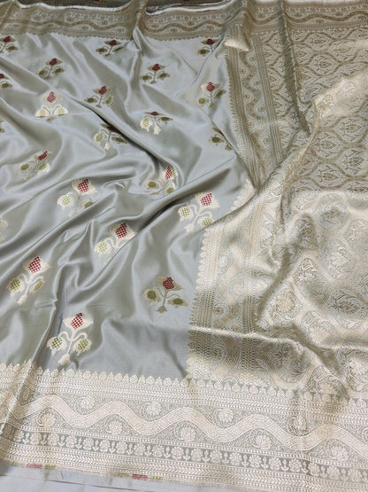 Ash Grey Banarasi Mashru Silk Banarasi Saree With Meena bootas