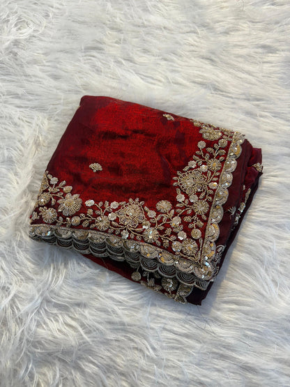 Maroon designer handwork Space Silk Saree