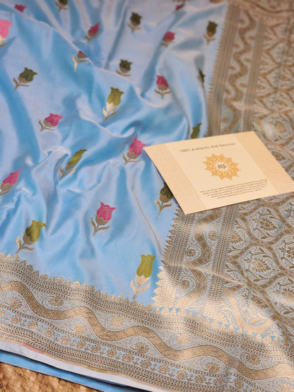 Powder Blue Mashru Silk Banarasi Saree With Meena bootas