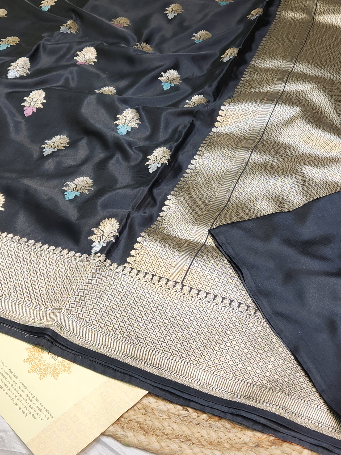 Jet Black Mashru Silk Banarasi Saree With Meena bootas