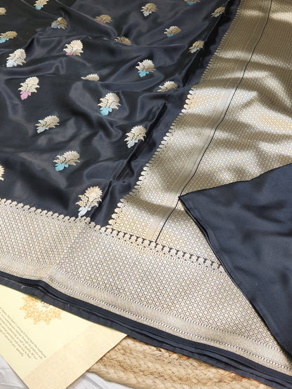 Jet Black Mashru Silk Banarasi Saree With Meena bootas