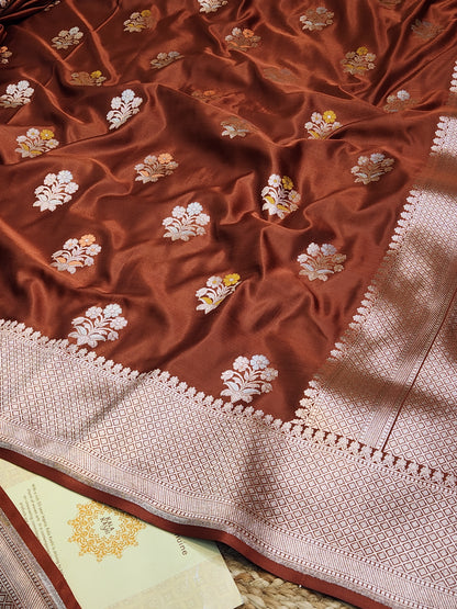 Coffee brown Mashru Silk Banarasi Saree With Meena bootas