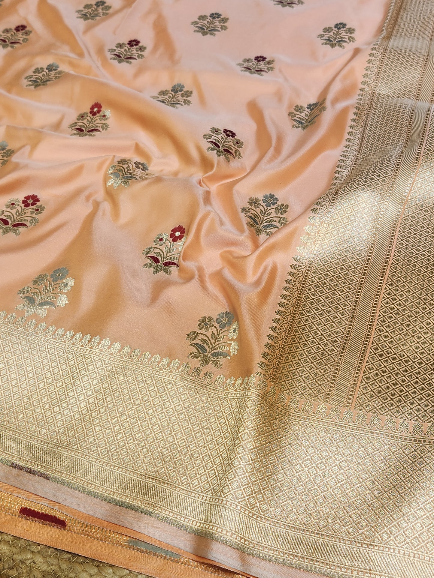 Peach banarasi Mashru Silk Banarasi Saree With Meena bootas