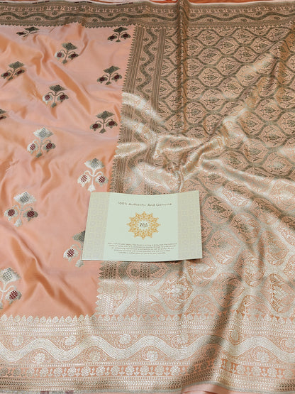Peach banarasi Mashru Silk Banarasi Saree With Meena bootas