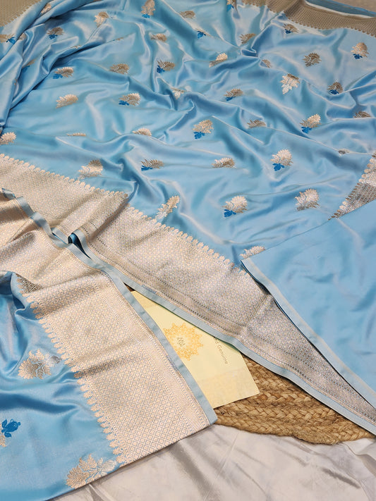 Powder Blue Mashru Silk Banarasi Saree With Meena bootas