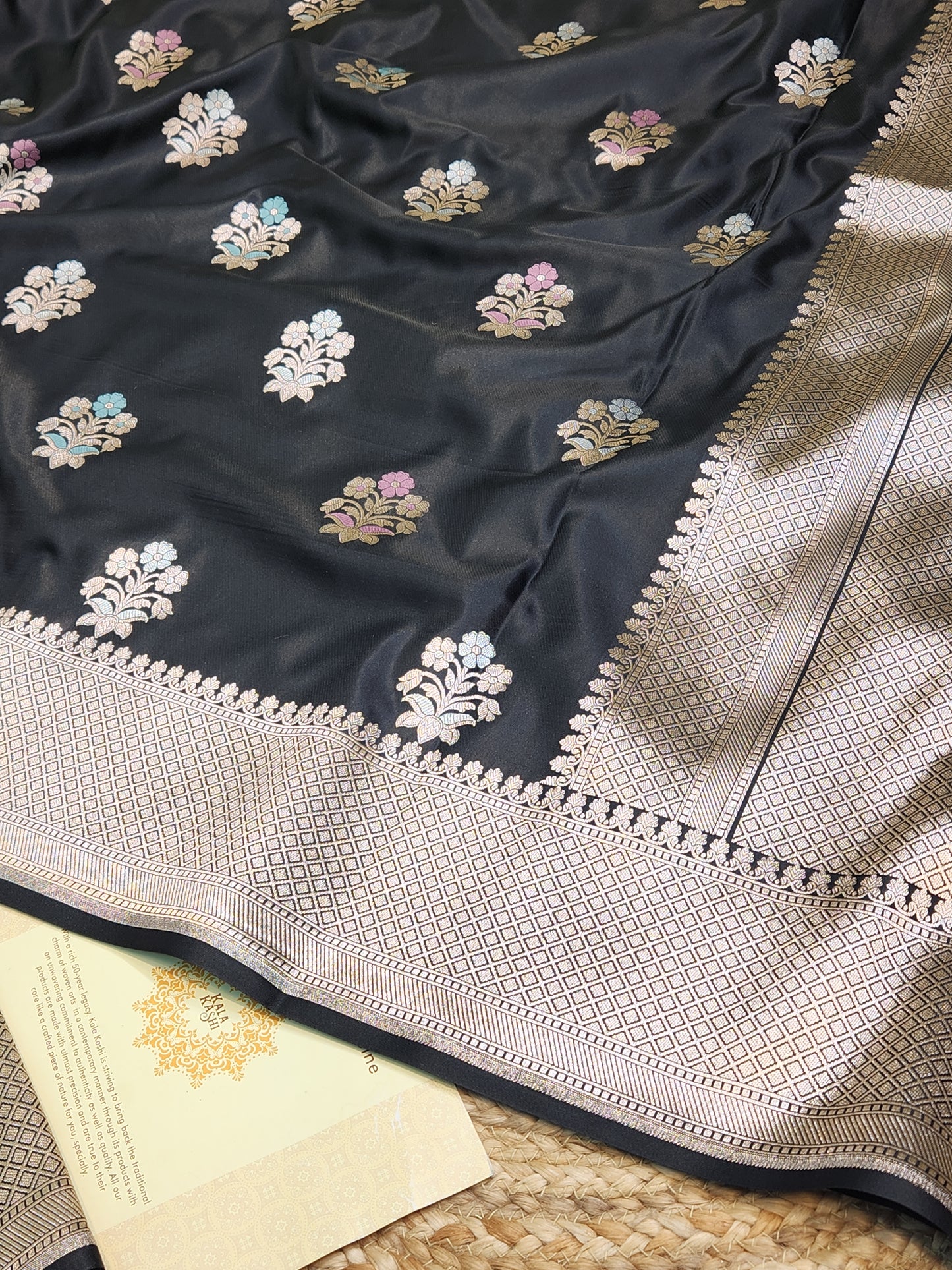 Jet Black Mashru Silk Banarasi Saree With Meena bootas