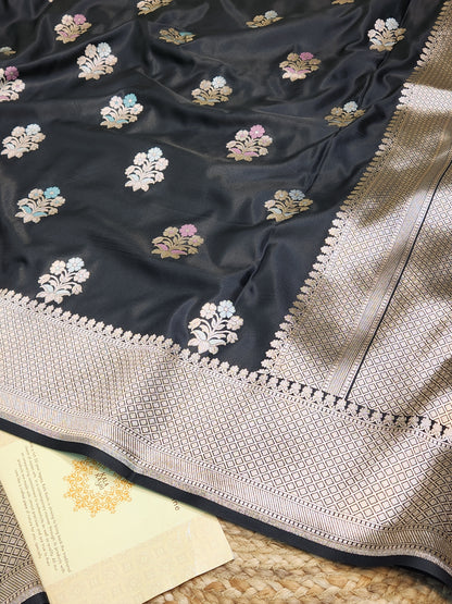 Jet Black Mashru Silk Banarasi Saree With Meena bootas