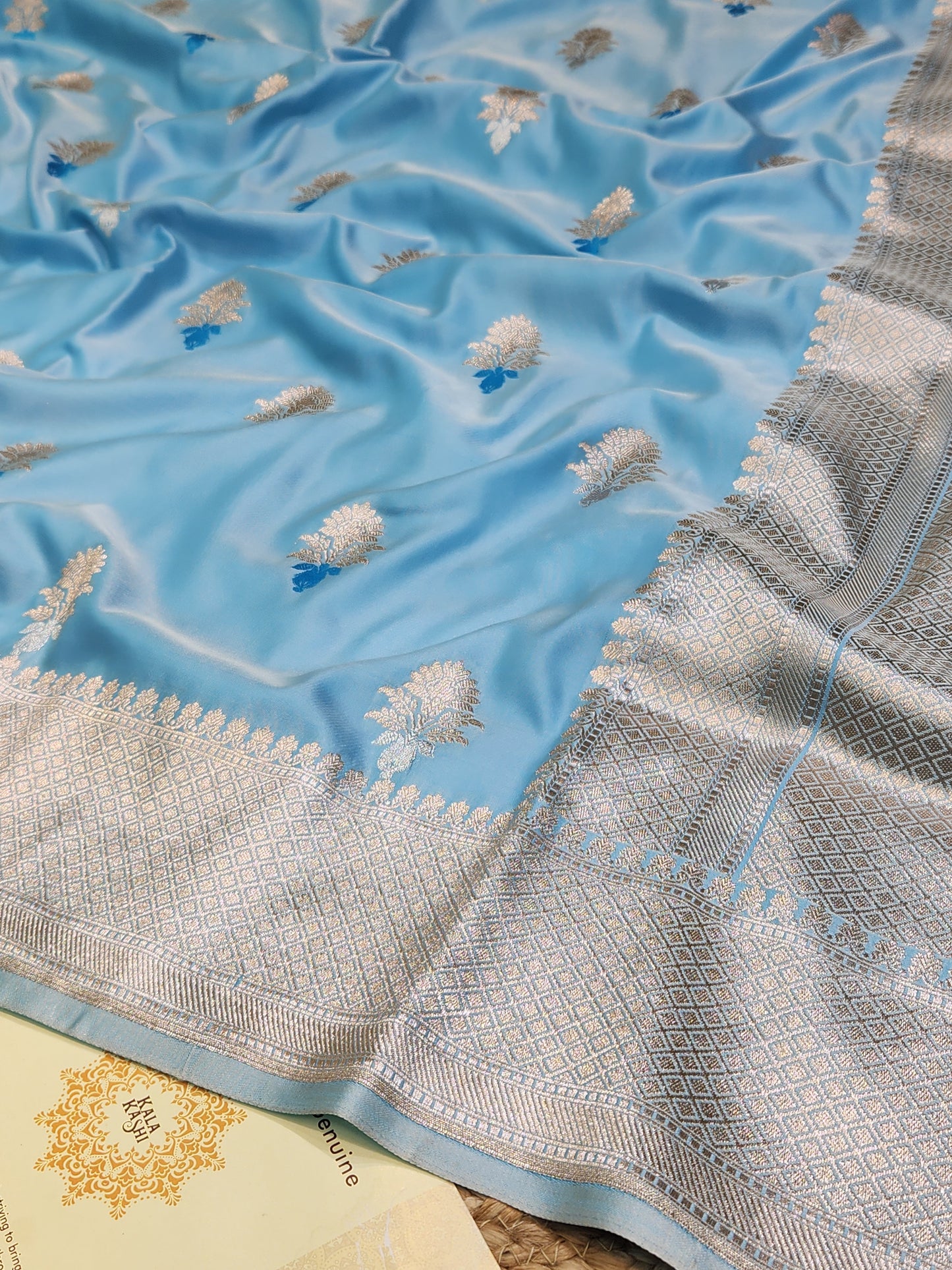 Powder Blue Mashru Silk Banarasi Saree With Meena bootas
