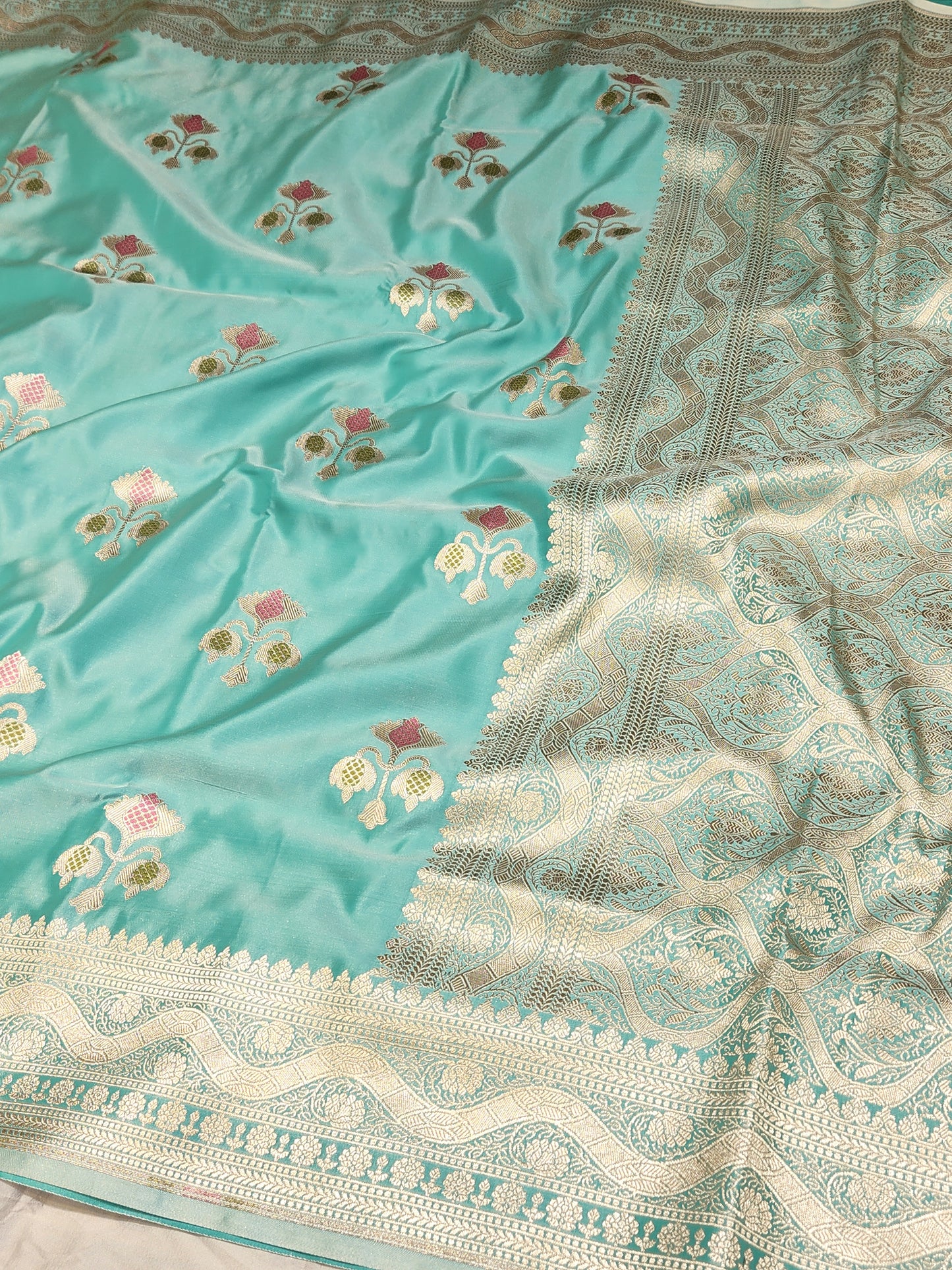 Sea Green Mashru Silk Banarasi Saree With Meena bootas