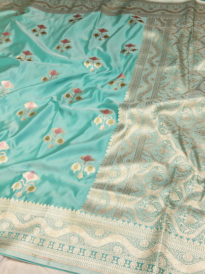 Sea Green Mashru Silk Banarasi Saree With Meena bootas