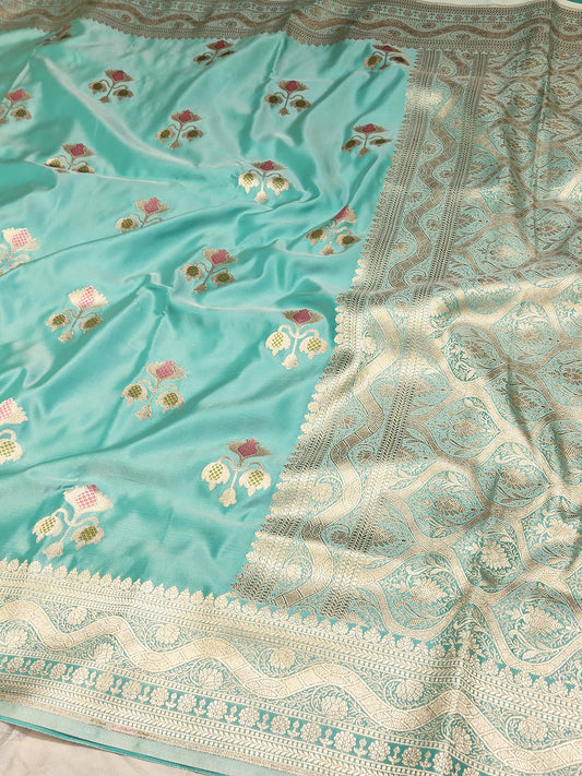 Sea Green Mashru Silk Banarasi Saree With Meena bootas