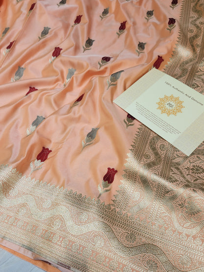 Peach banarasi Mashru Silk Banarasi Saree With Meena bootas
