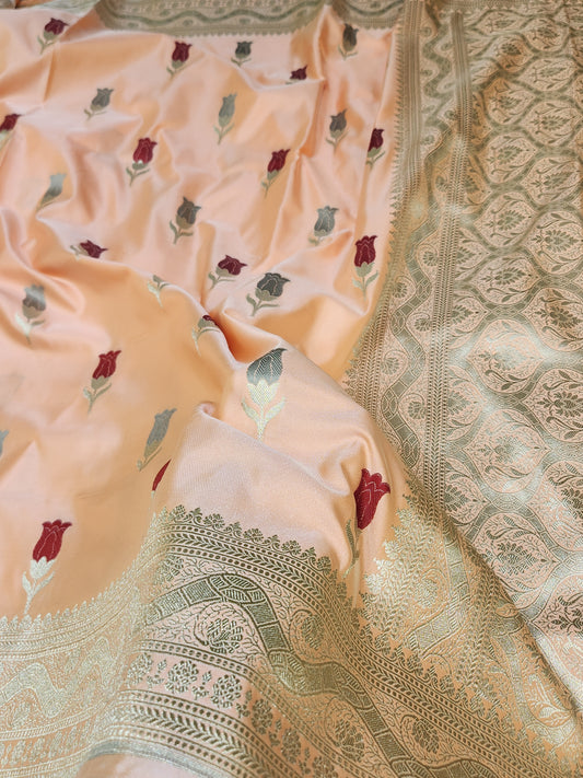 Peach banarasi Mashru Silk Banarasi Saree With Meena bootas