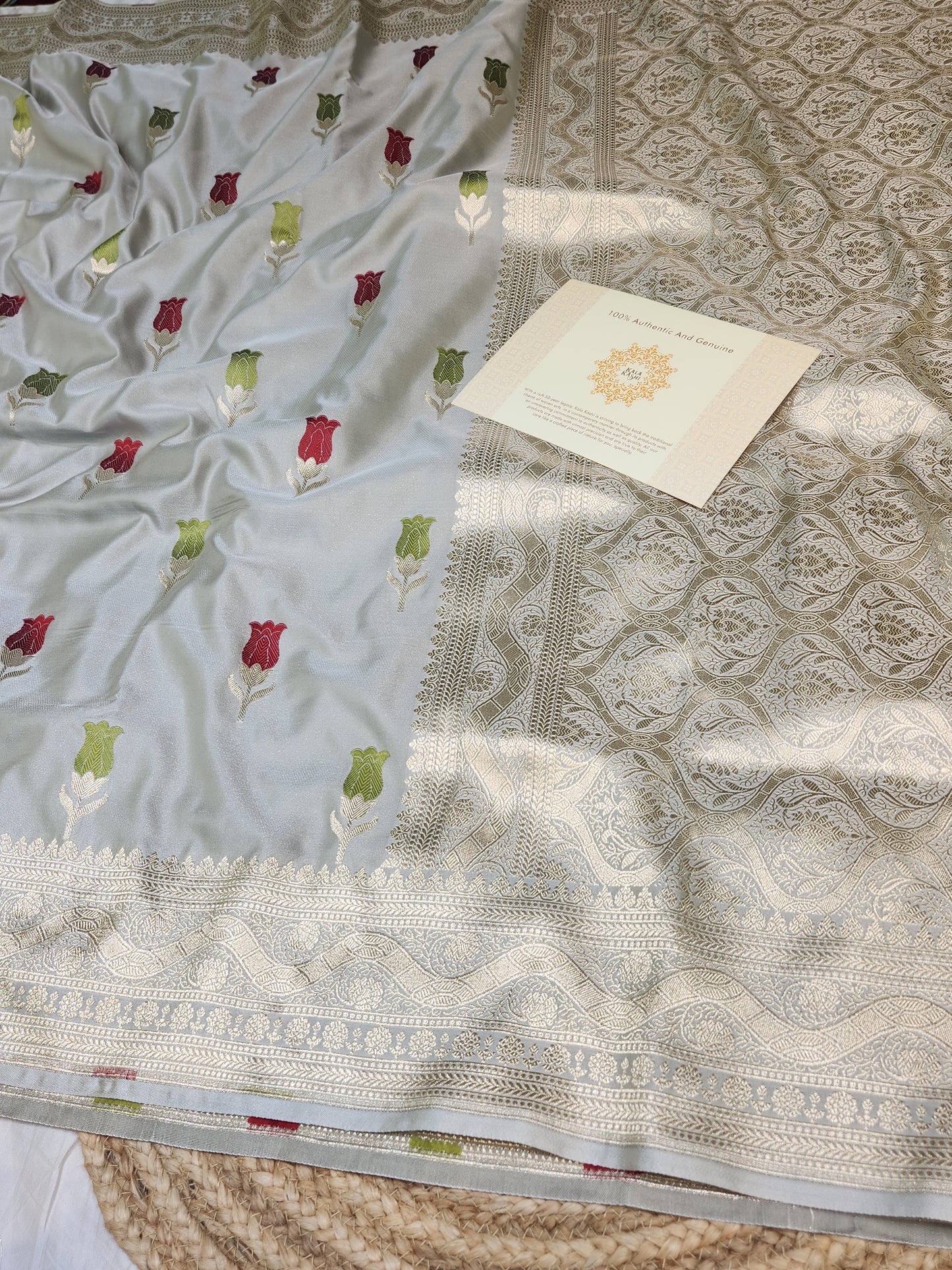 Ash Grey Banarasi Mashru Silk Banarasi Saree With Meena bootas