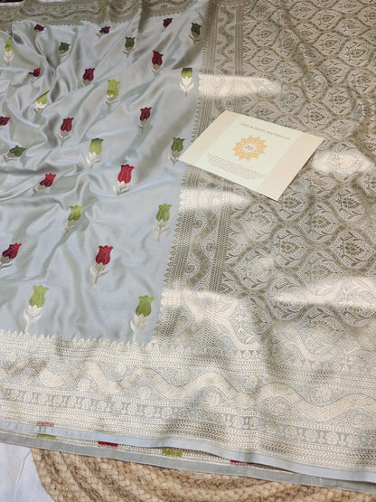 Ash Grey Banarasi Mashru Silk Banarasi Saree With Meena bootas