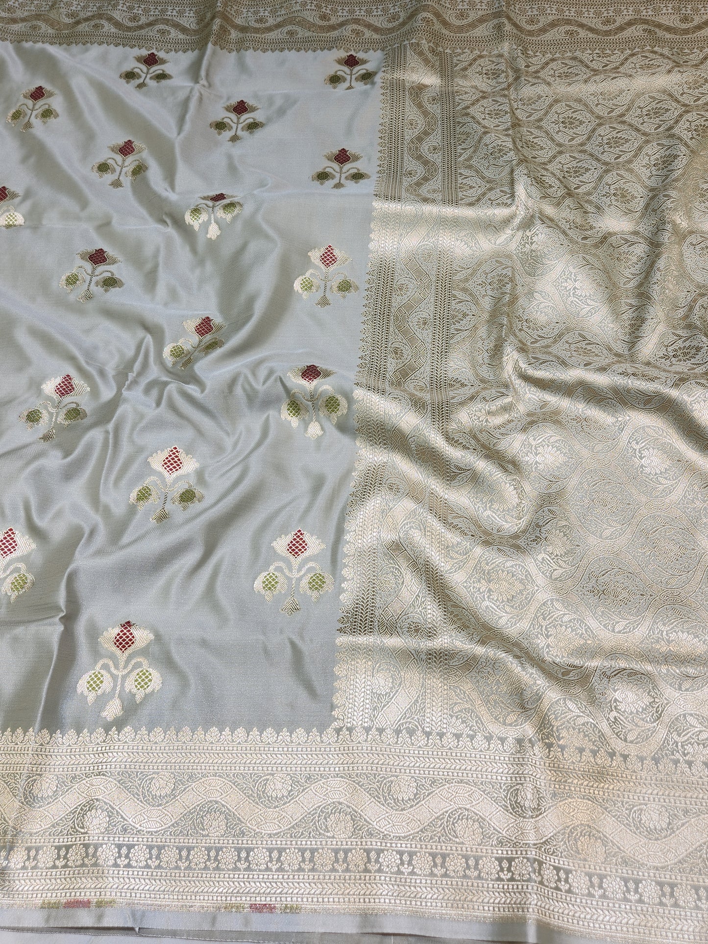 Ash Grey Banarasi Mashru Silk Banarasi Saree With Meena bootas