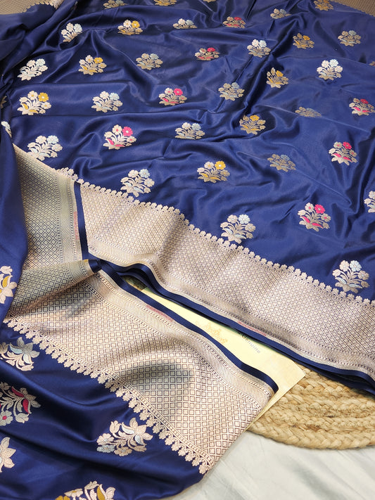 Navy Blue Mashru Silk Banarasi Saree With Meena bootas
