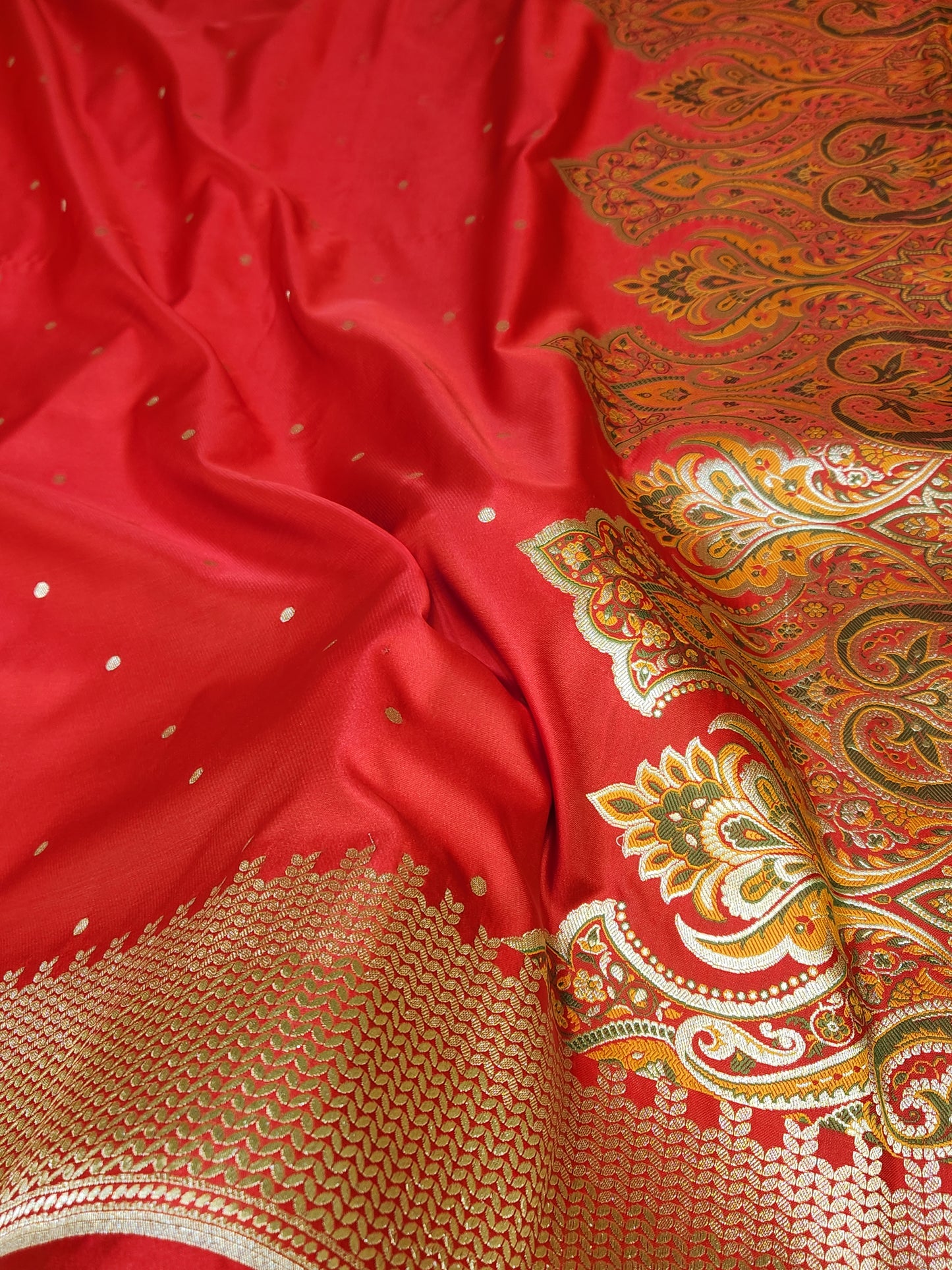 Red Kimkhab mashru silk saree with all over booti