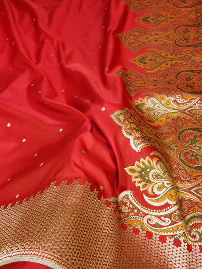Red Kimkhab mashru silk saree with all over booti