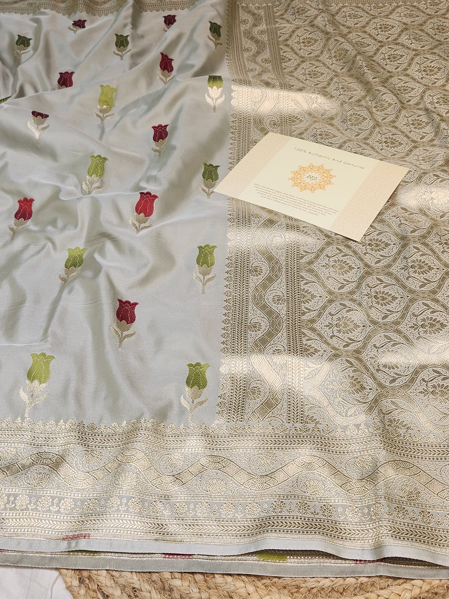 Ash Grey Banarasi Mashru Silk Banarasi Saree With Meena bootas