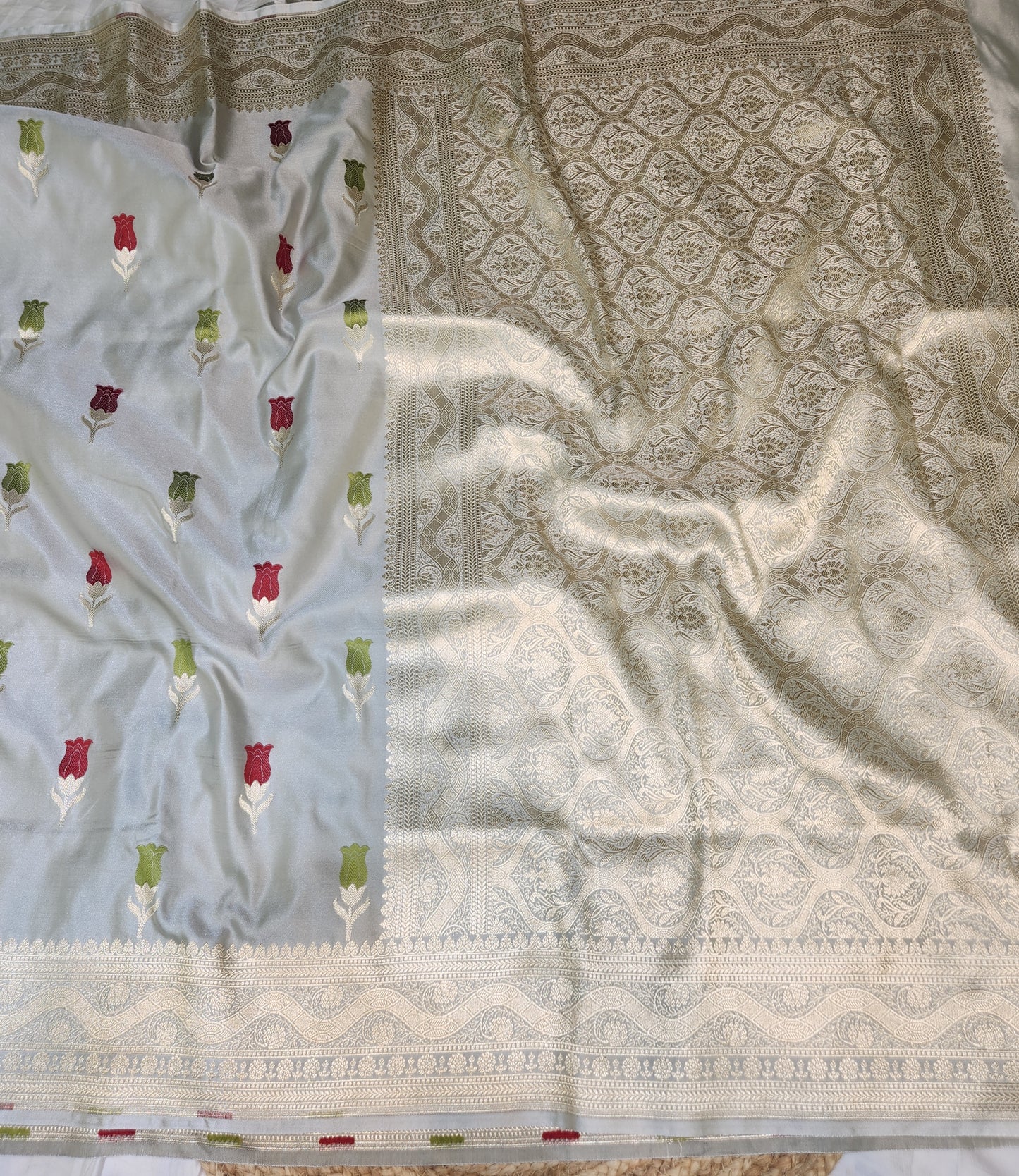 Ash Grey Banarasi Mashru Silk Banarasi Saree With Meena bootas